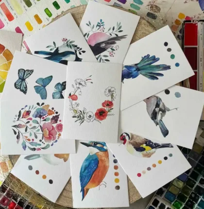 Cartes d'art oiseaux et fleurs